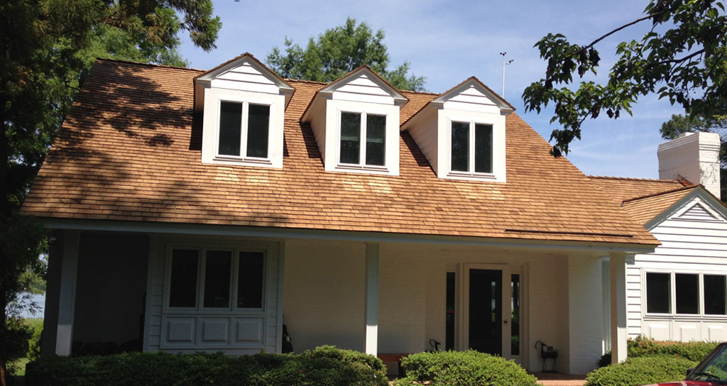 Cedar shake roofing on single story home